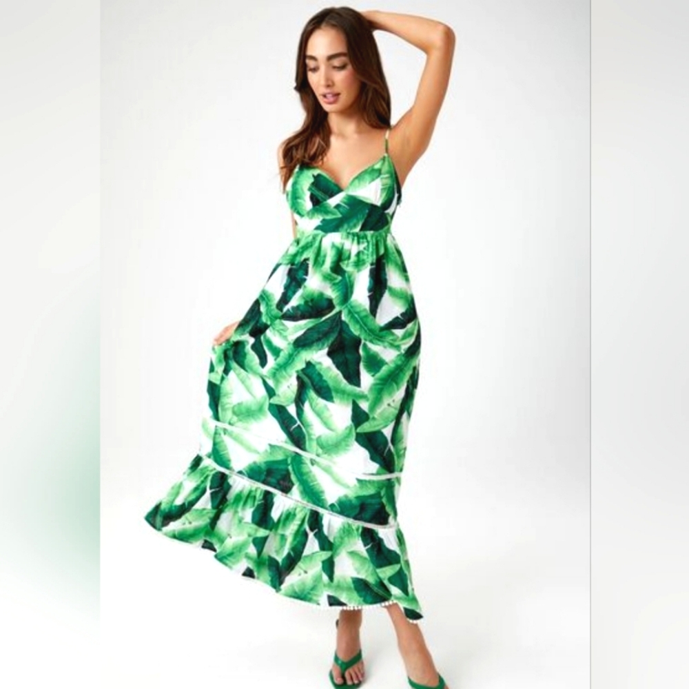 Tropical Leaf Cami Maxi Dress Sz Medium